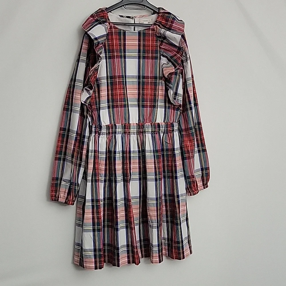 NWT J. Crew Girls Tartan Plaid Ruffle Shoulder Long Sleeve Dress Size 14